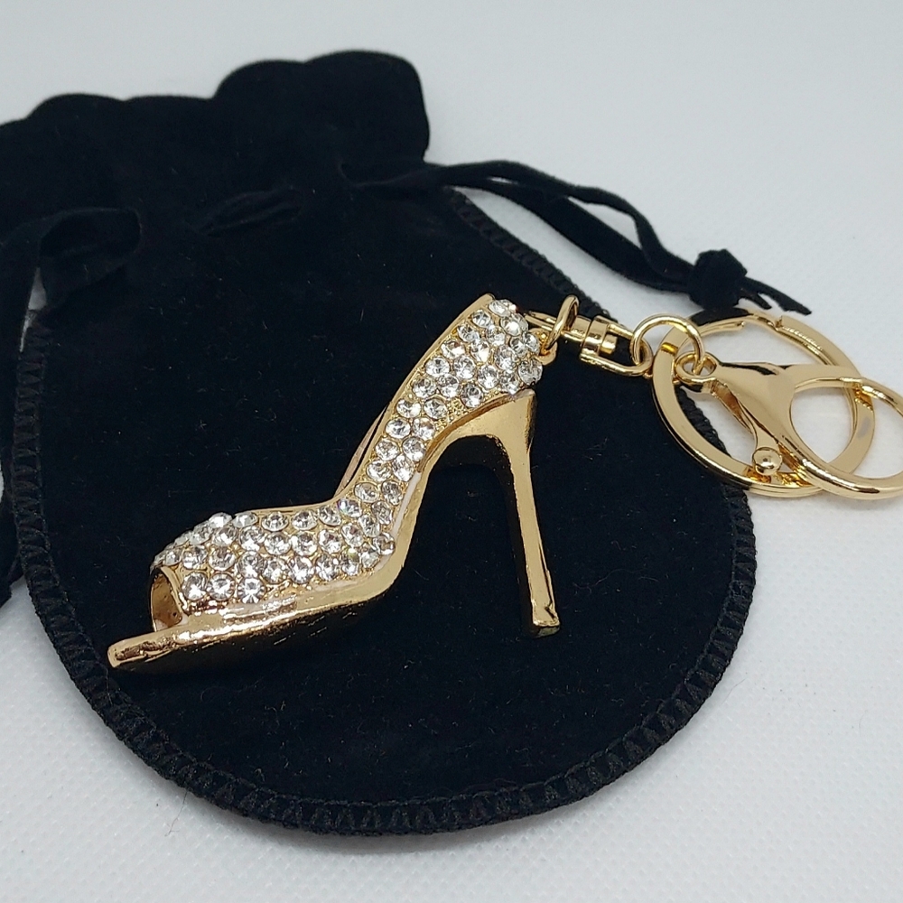 Reinstone Shoe Keychain Charm With Coordinating  Velvet Pouch & Gift Purse~Pink - Picture 4 of 8
